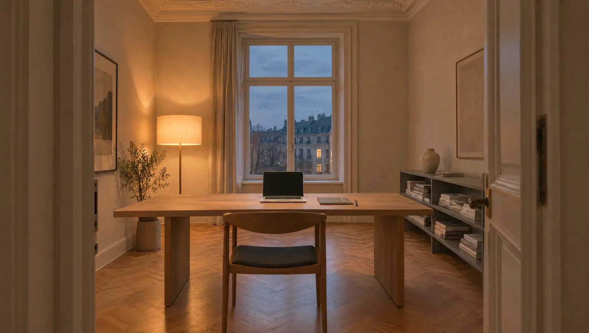 Ein ruhiges Maklerbüro am Abend, die Kamera fährt auf den Laptop zu