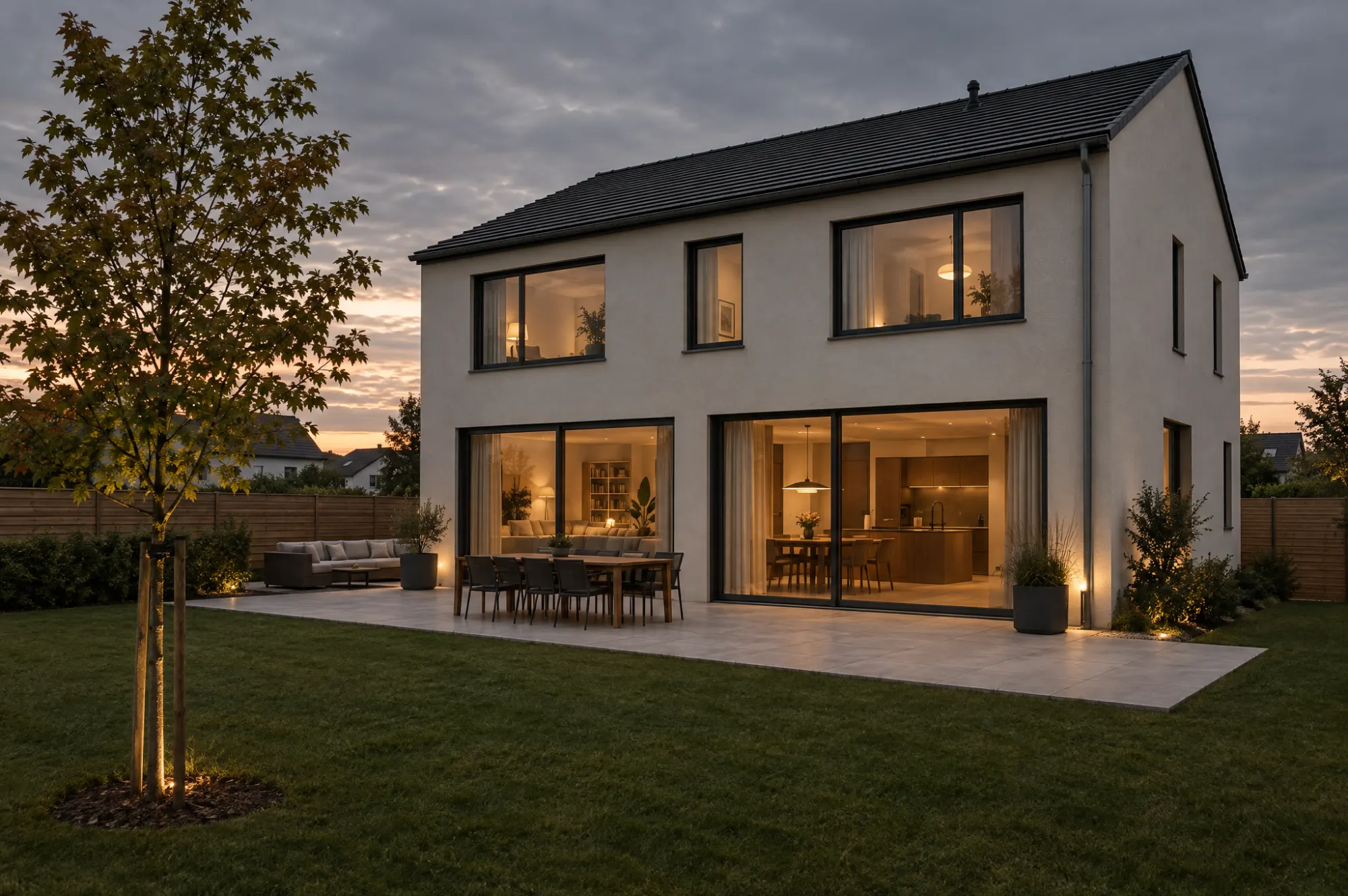 Modernes Einfamilienhaus von der Gartenseite am frühen Abend