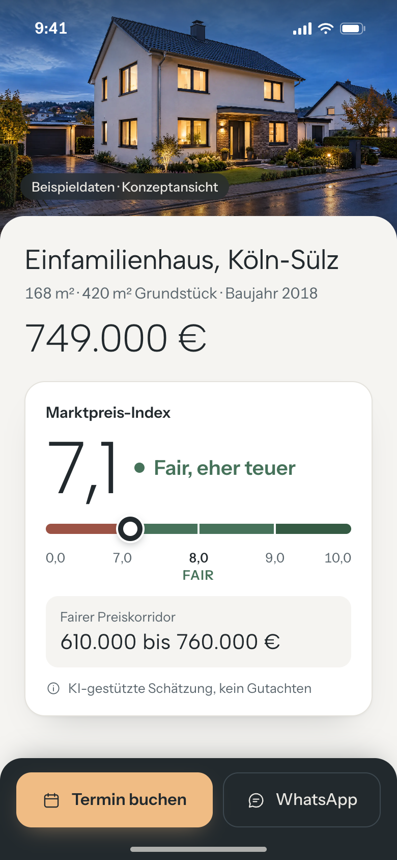 Objektseite am Handy mit Marktpreis-Index 7,1